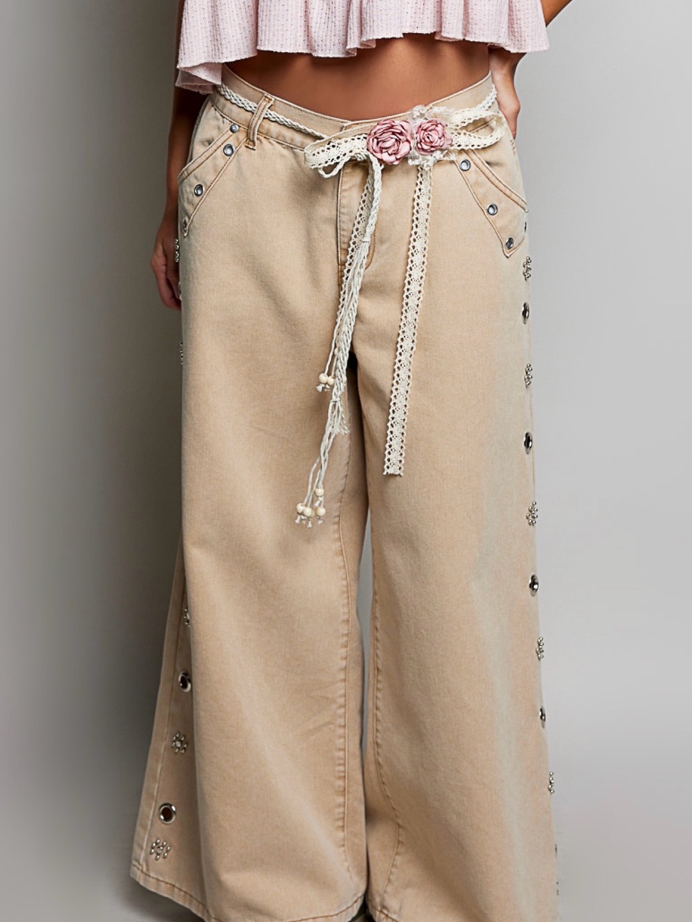 POL Cream Lace Braided Belt with Pink Floral Accents - Picture 2 of 5